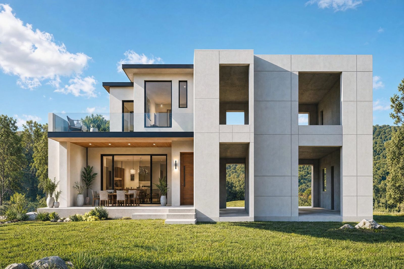 Casa moderna construida por Sip House: una mitad terminada y la otra mostrando la panelería estructural del sistema SIP